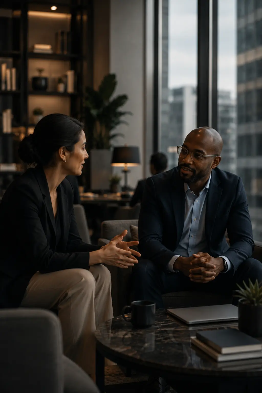 Nova advisors meeting in a modern office lounge